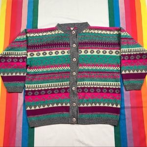 Vintage 80s Geometric Cardigan Sweater Multi Colour Long Sleeve Large